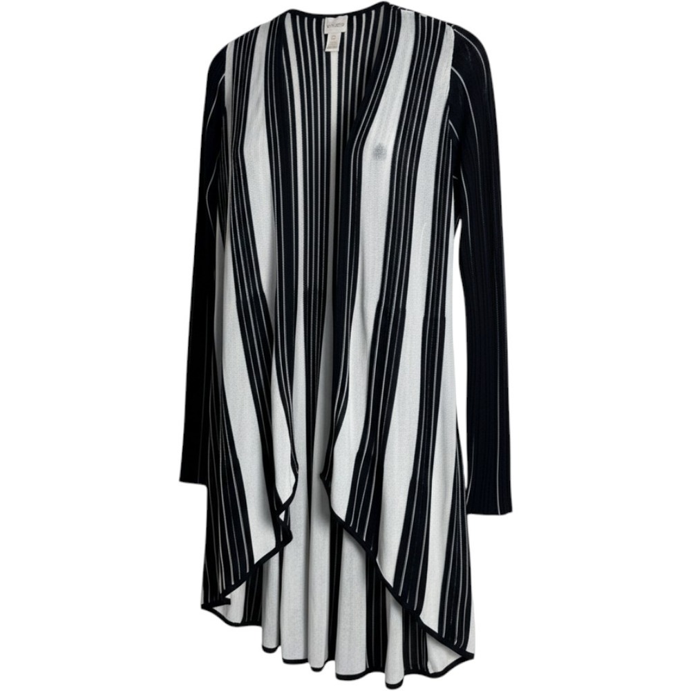 Chicos Open Front Striped Cardigan Duster Black White Lightweight Sz 0 0434